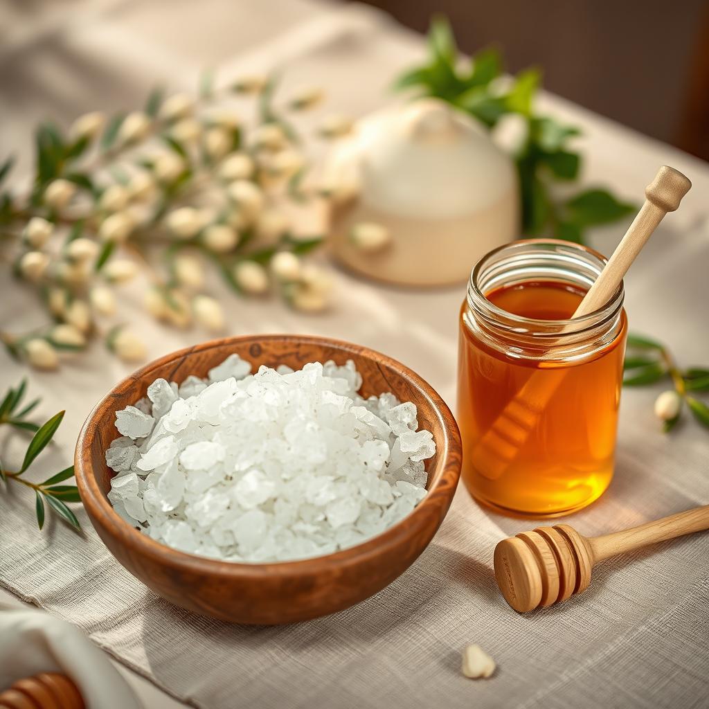 A beautifully arranged table setting featuring Garam, traditional Indonesian rock salt, alongside a jar of pure, golden honey