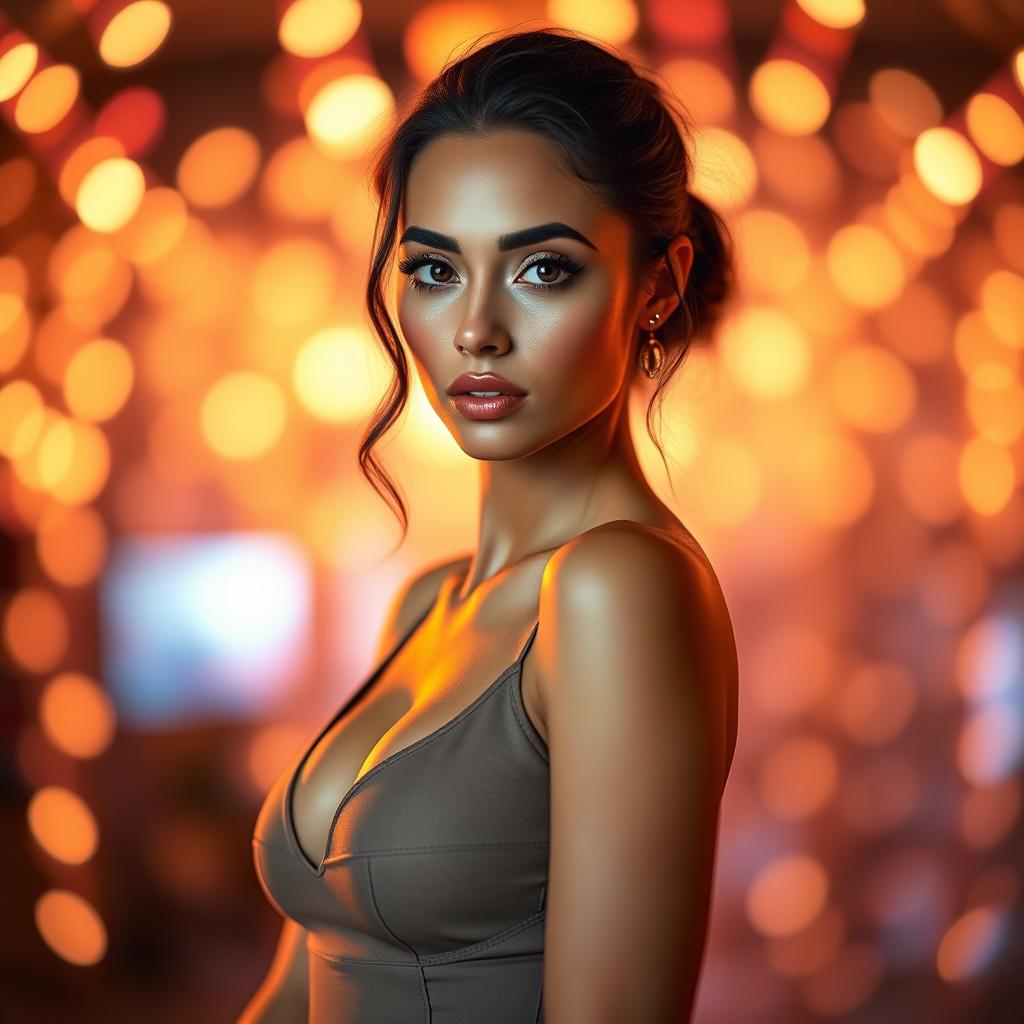 A stunning portrait of a captivating, alluring woman with glowing skin, confident posture, and mesmerizing eyes