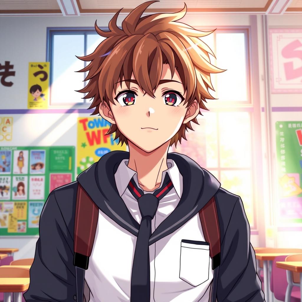 A handsome high school anime teen with striking features, wearing a stylish school uniform, standing in a bright classroom filled with colorful posters and sunlight streaming through large windows