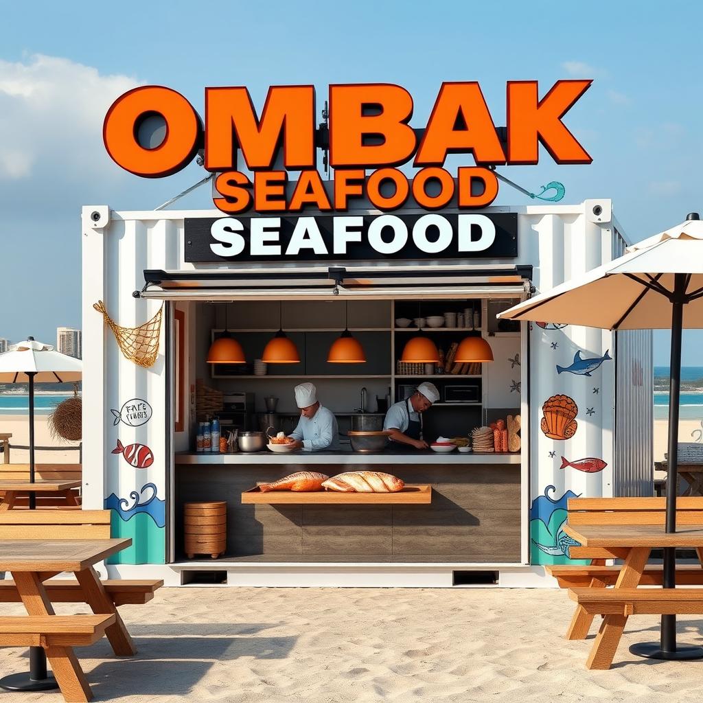 A stylish and modern container booth named 'OMBAK SEAFOOD' designed for a street food seafood business