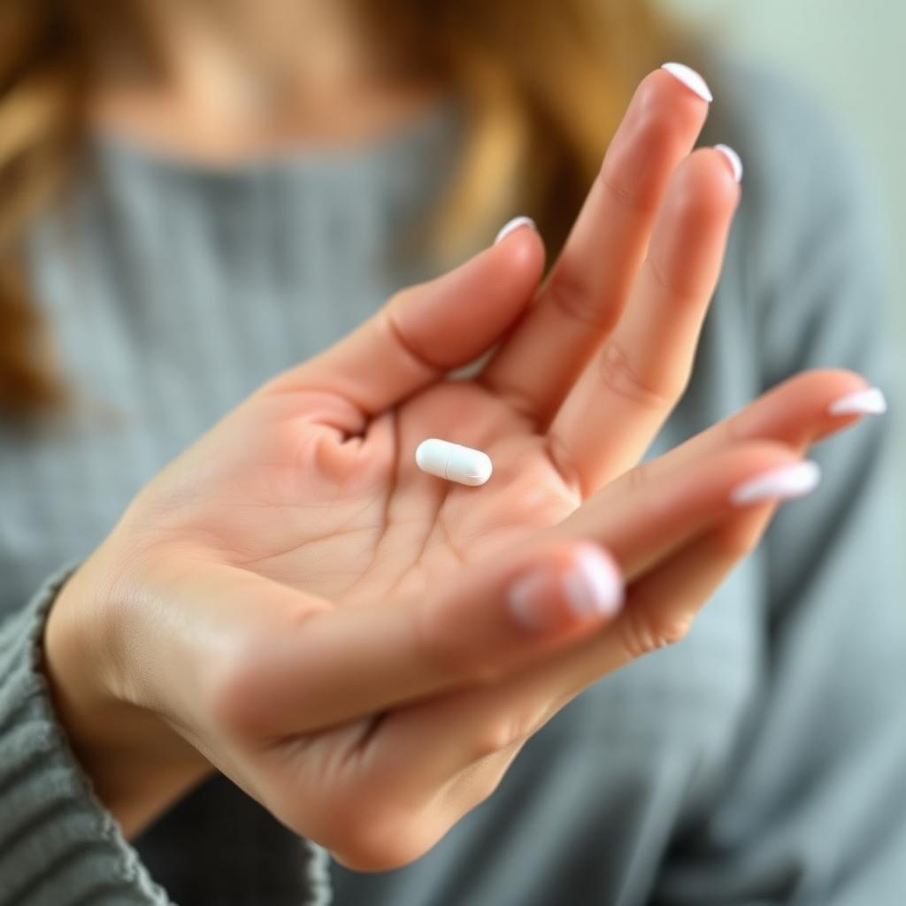 A beautiful close-up of a woman's hand elegantly holding a small pill or medicine, showcasing the delicate texture of her skin and the details of the pill