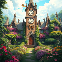 A breathtaking view of an anime-inspired fantasy magic school resembling an enchanting castle, featuring a large, intricate clock tower that draws the eye