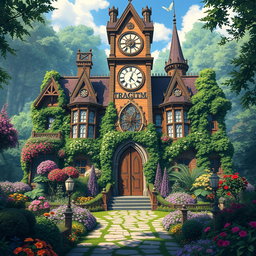 A breathtaking view of an anime-inspired fantasy magic school resembling an enchanting castle, featuring a large, intricate clock tower that draws the eye
