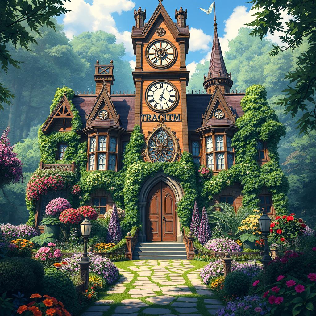 A breathtaking view of an anime-inspired fantasy magic school resembling an enchanting castle, featuring a large, intricate clock tower that draws the eye