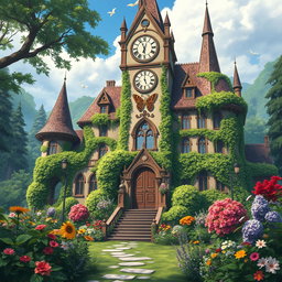A breathtaking view of an anime-inspired fantasy magic school resembling an enchanting castle, featuring a large, intricate clock tower that draws the eye