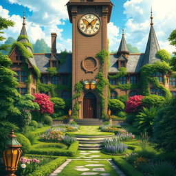 A breathtaking view of an anime-inspired fantasy magic school resembling an enchanting castle, featuring a large, intricate clock tower that draws the eye