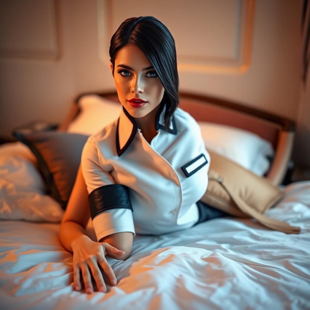 A captivating flight attendant with sleek black hair and striking blue eyes, dressed in a stylish stewardess outfit featuring an armband, lying elegantly on a plush bed in a beautifully decorated bedroom