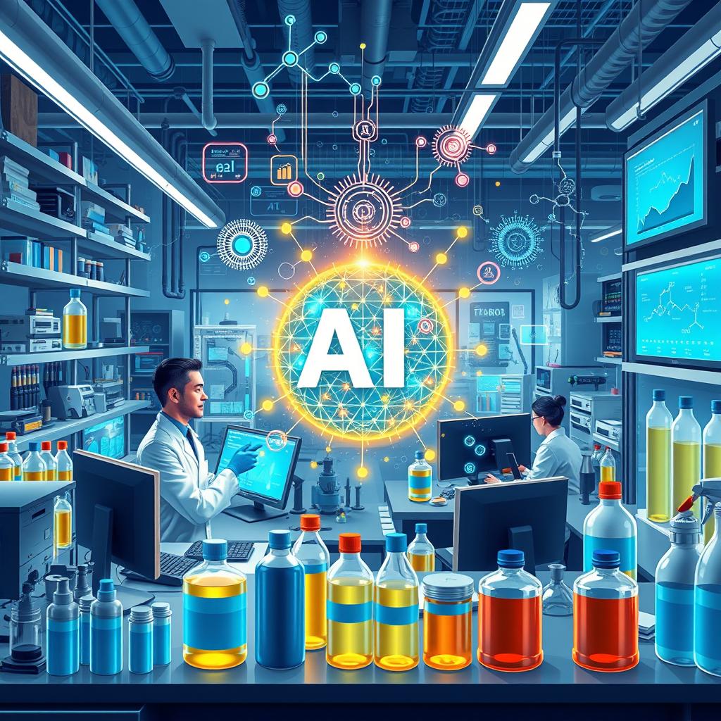 A detailed illustration showcasing the applications of artificial intelligence in the lubricant industry, particularly focusing on the formulation of lubricants using AI