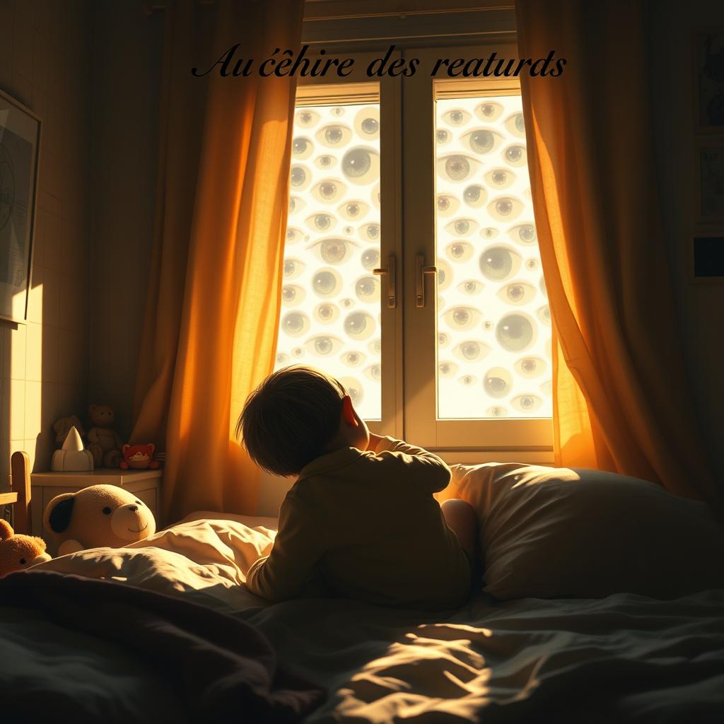 A small boy curled up in a ball, hiding in his cozy bedroom