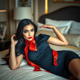 A sexy stewardess in a form-fitting stewardess outfit, featuring a striking red scarf, with long, flowing black hair and captivating blue eyes