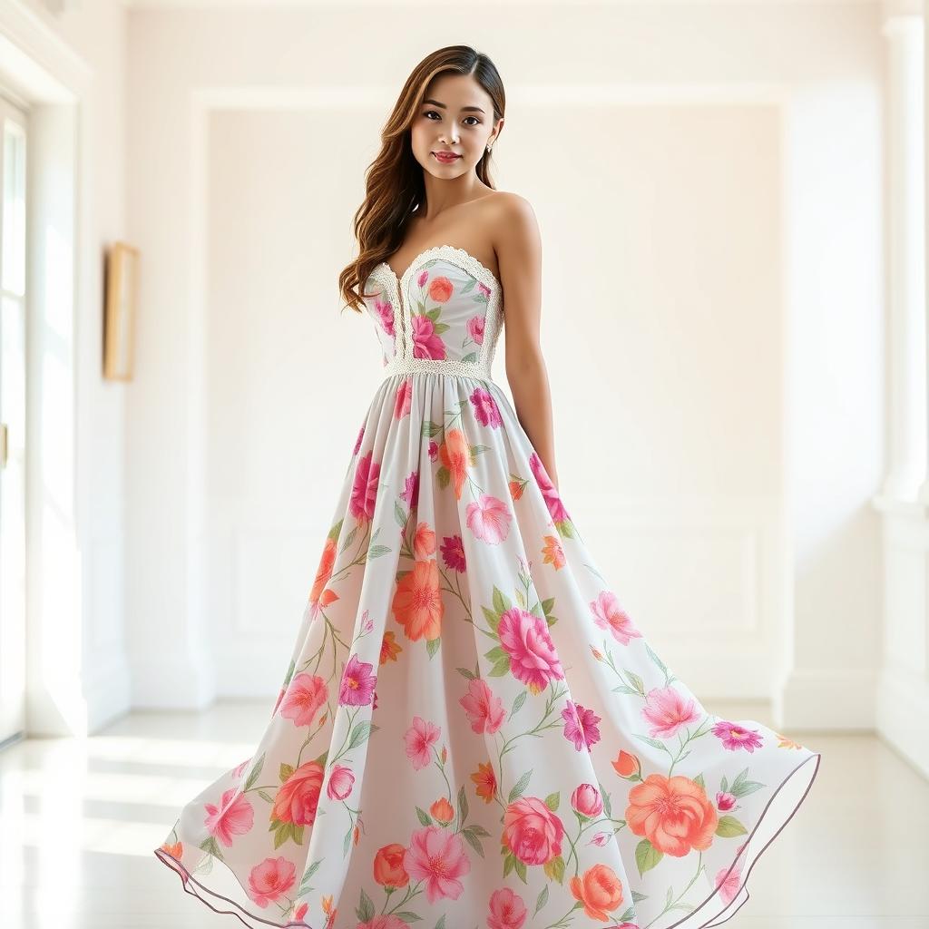 A full-length dress for a young woman, elegantly designed with vibrant floral patterns, flowing fabric, and a fitted bodice that enhances the silhouette