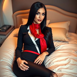 A stunning flight attendant with sleek black hair and captivating blue eyes, dressed in a fitted stewardess outfit complemented by a striking red scarf, lying elegantly on a plush bed in a beautifully styled bedroom