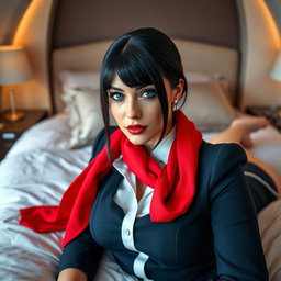 A stunning flight attendant with sleek black hair and captivating blue eyes, dressed in a fitted stewardess outfit complemented by a striking red scarf, lying elegantly on a plush bed in a beautifully styled bedroom