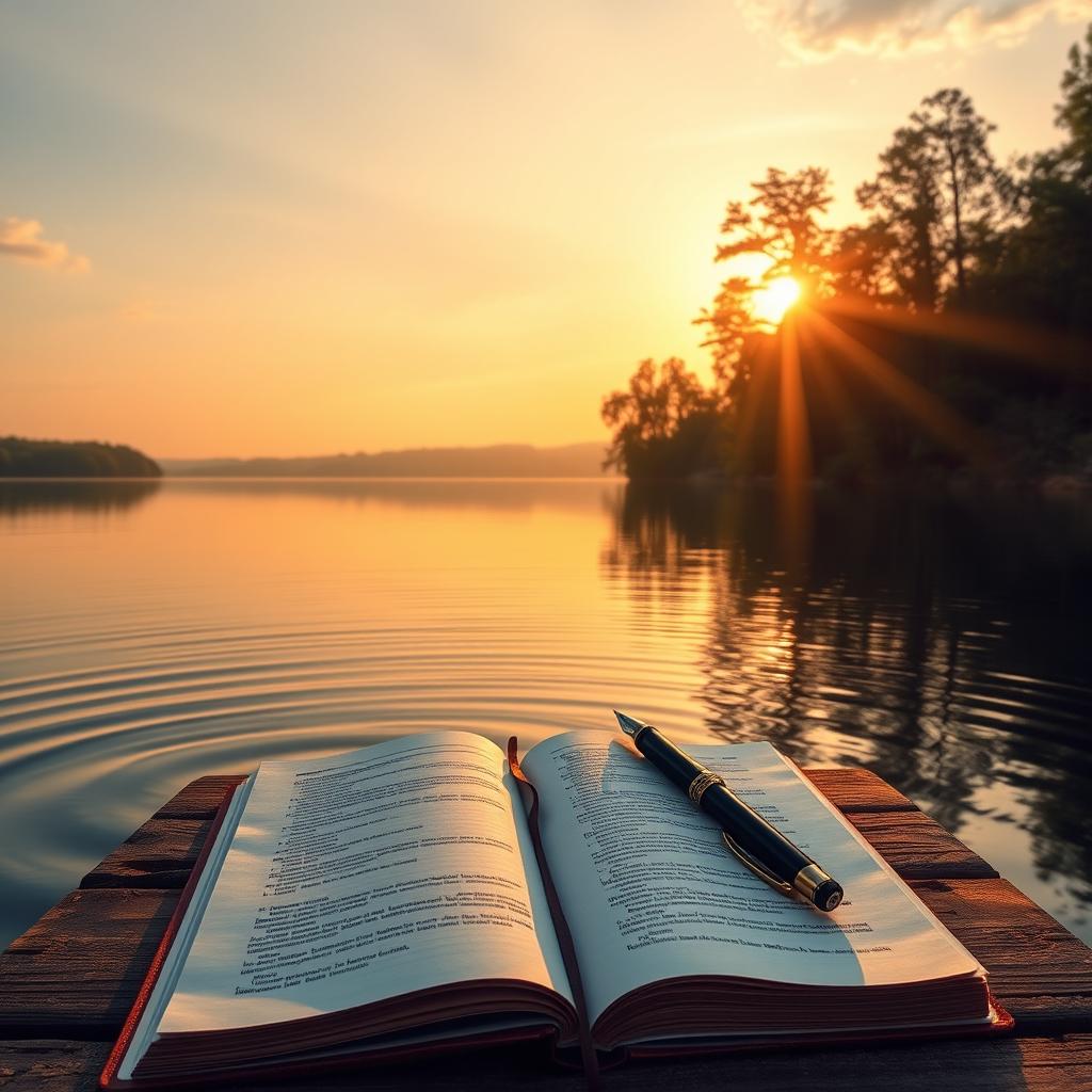 An inspirational scene depicting a serene sunrise over a calm lake, symbolizing the themes of wisdom and life