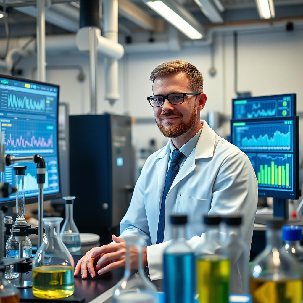 A male engineer in a lubricant industry laboratory, working on lubricant formulations with the assistance of artificial intelligence