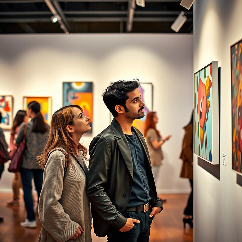 A captivating scene that depicts two viewers engaged in observing the work of a creator, Maranjan