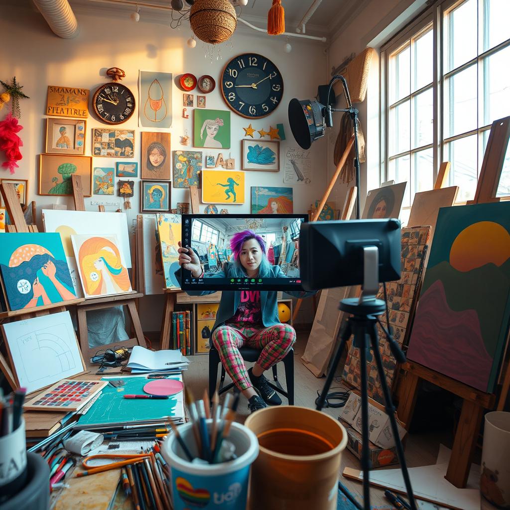 A vibrant scene depicting an artist in their studio, surrounded by colorful canvases and art supplies