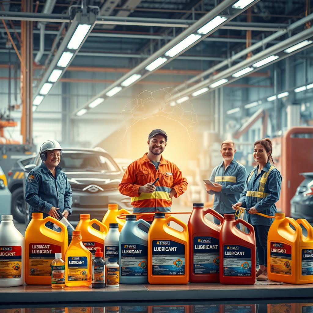 A futuristic scene showcasing the lubricant industry with a strong presence of artificial intelligence