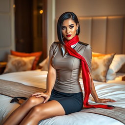 A stunning flight attendant with sleek black hair and beautiful brown eyes, dressed in a fitted stewardess outfit complemented by a striking red scarf, sitting elegantly on a plush bed in a beautifully decorated bedroom
