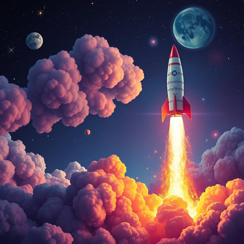 A vibrant and dynamic digital art poster showcasing a rocket launch into space