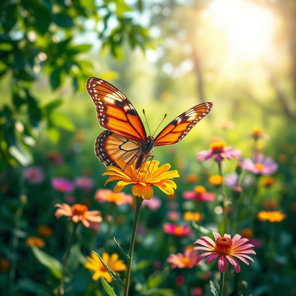 A realistic and vibrant butterfly perched delicately on a bright flower in its natural habitat