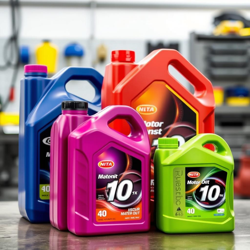 An artistic display of 4-liter and 1-liter plastic containers of motor oil, specifically featuring oils with a viscosity grade of 10
