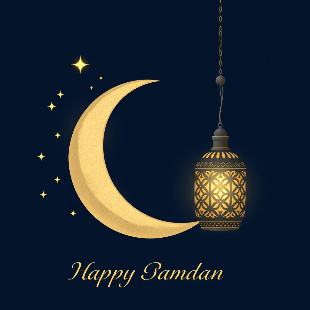 A formal Ramadan greeting card design featuring a rich navy blue background