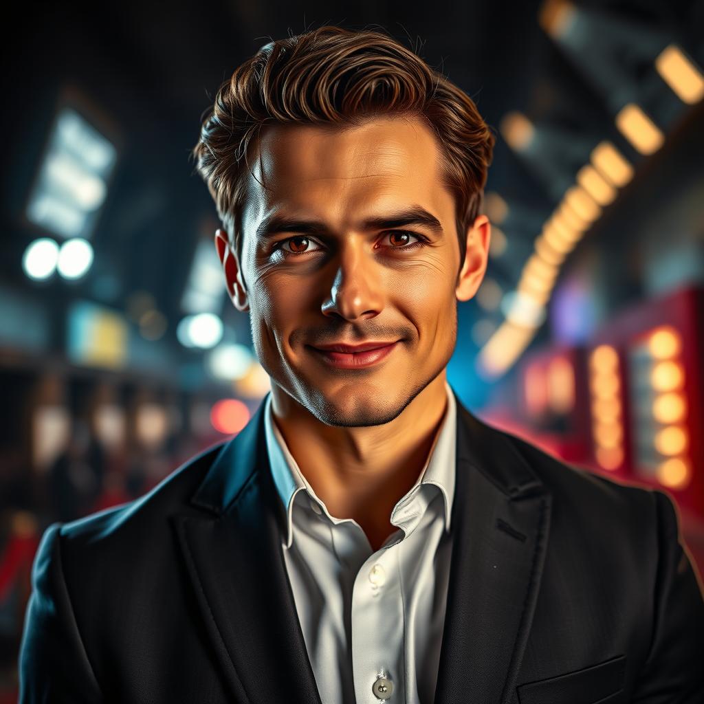 A captivating portrait of a charismatic movie actor against a dramatic backdrop, showcasing their expressive eyes and confident smile