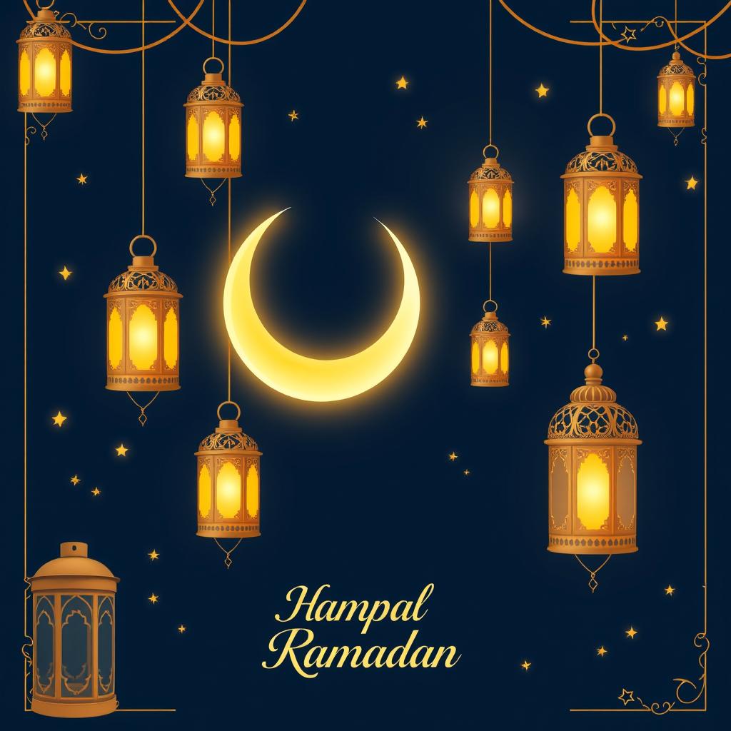A festive Ramadan greeting card design featuring a rich navy blue background adorned with multiple lanterns (fawanis) in various sizes, a large glowing crescent moon, and twinkling stars scattered throughout the scene