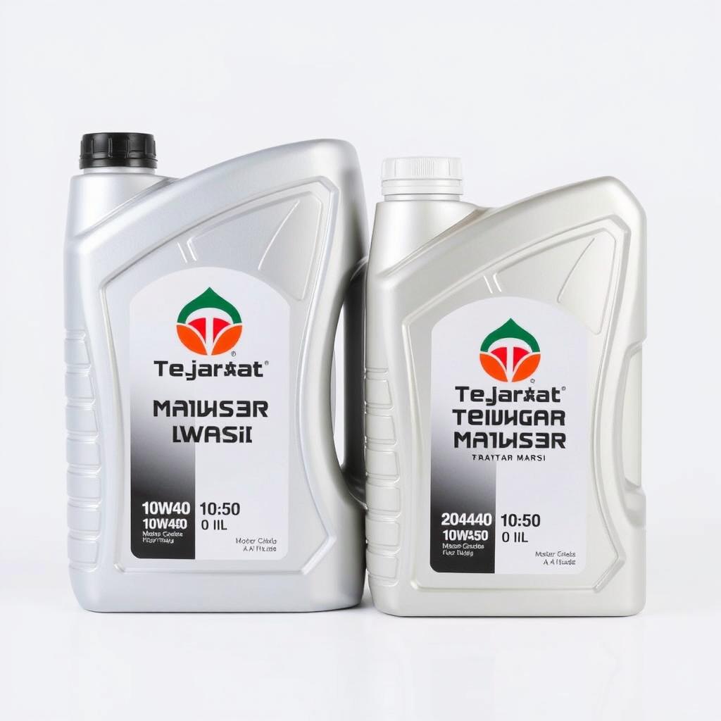 An image featuring plastic containers of motor oil, specifically 4-liter and 1-liter bottles, clearly displaying the logo of 'Tejarat Maydar Ravan Marsi'