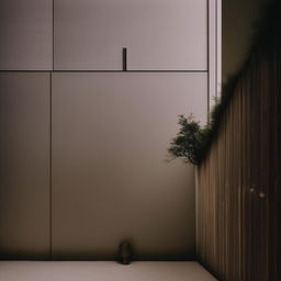 An ultra-detailed architectural photograph featuring a Japandi minimalist wall adorned with a singular painting.