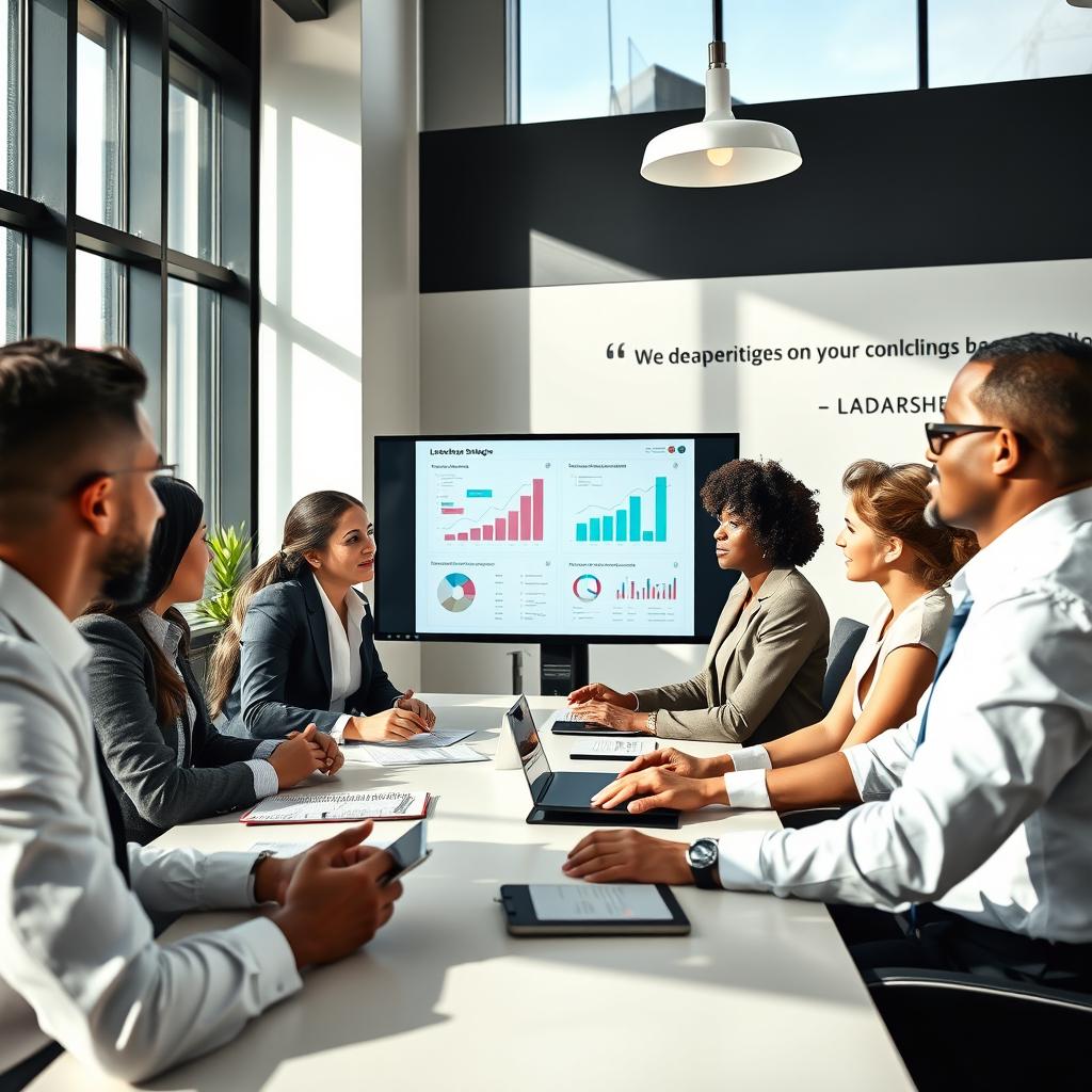 A professional and sophisticated image depicting a diverse group of business leaders in a modern office setting, engaged in a collaborative meeting