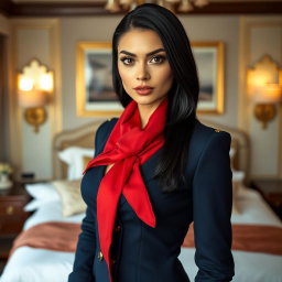 An alluring flight attendant with sleek black hair and striking brown eyes, featuring a European face, dressed in a stylish dark blue stewardess outfit with an unbuttoned blouse and accented by a bold red scarf