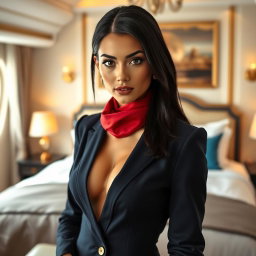 An alluring flight attendant with sleek black hair and striking brown eyes, featuring a European face, dressed in a stylish dark blue stewardess outfit with an unbuttoned blouse and accented by a bold red scarf