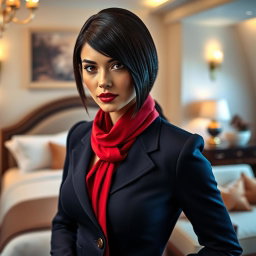 An alluring flight attendant with sleek black hair and striking brown eyes, featuring a European face, dressed in a stylish dark blue stewardess outfit with an unbuttoned blouse and accented by a bold red scarf