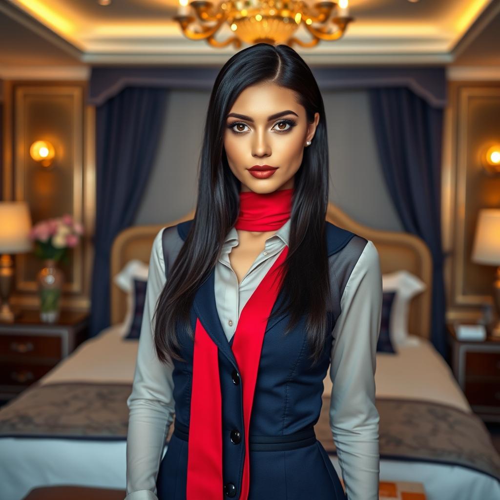 An alluring flight attendant with sleek black hair and striking brown eyes, featuring a European face, dressed in a stylish dark blue stewardess outfit with an unbuttoned blouse and accented by a bold red scarf