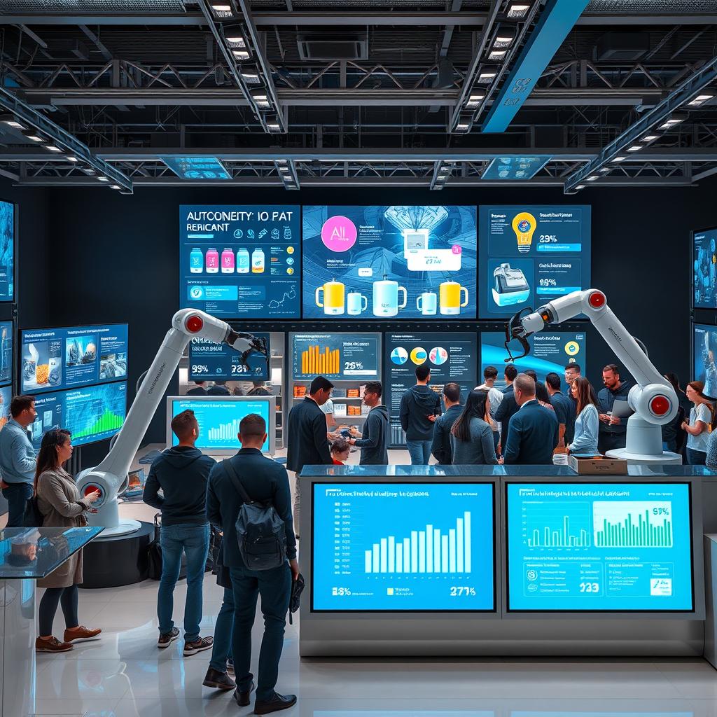 A futuristic scene showcasing the applications of artificial intelligence in the sales of various automotive and industrial lubricants