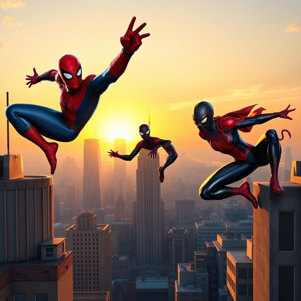 An exciting scene featuring three different versions of Spider-Man