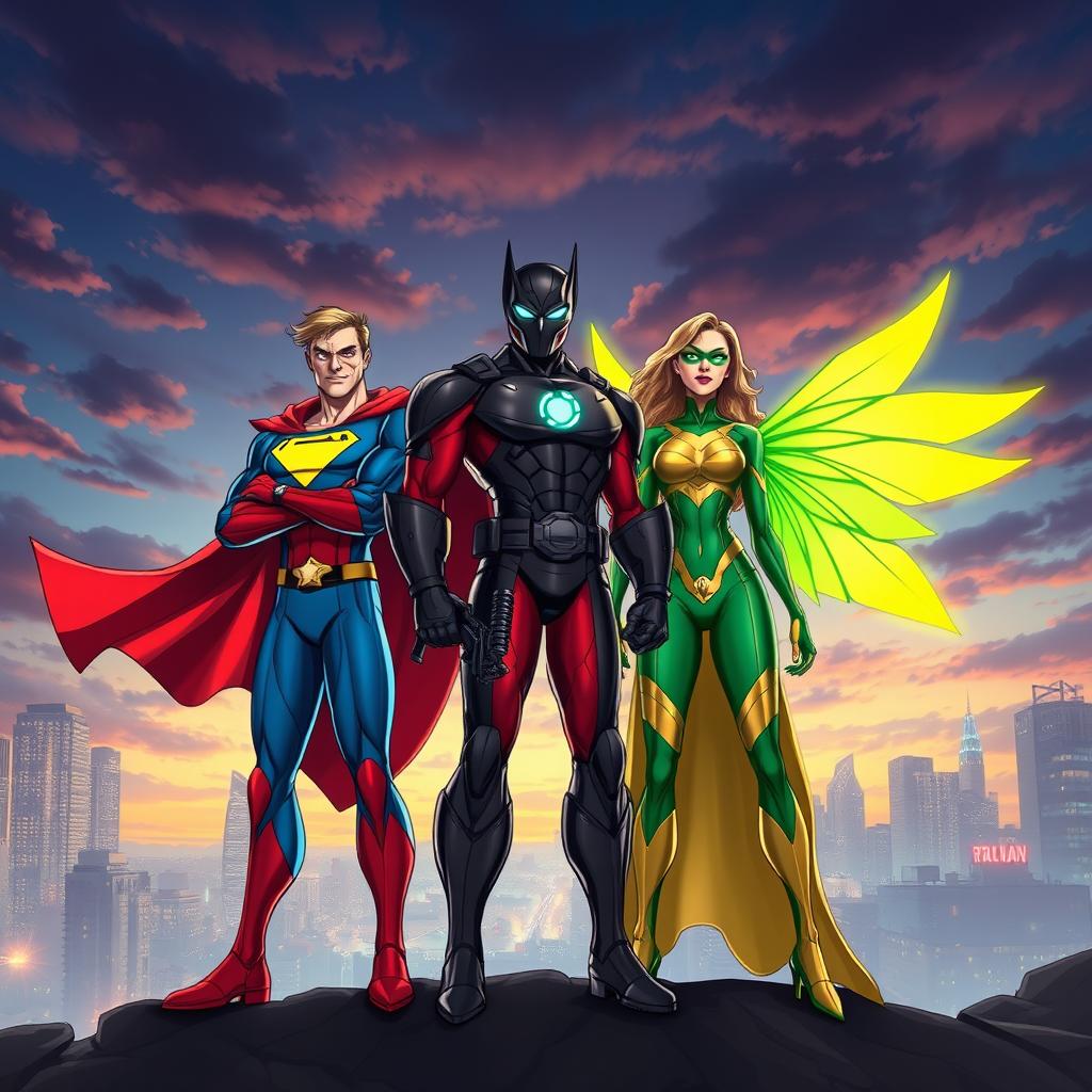 An epic illustration of three distinct superheroes standing together heroically