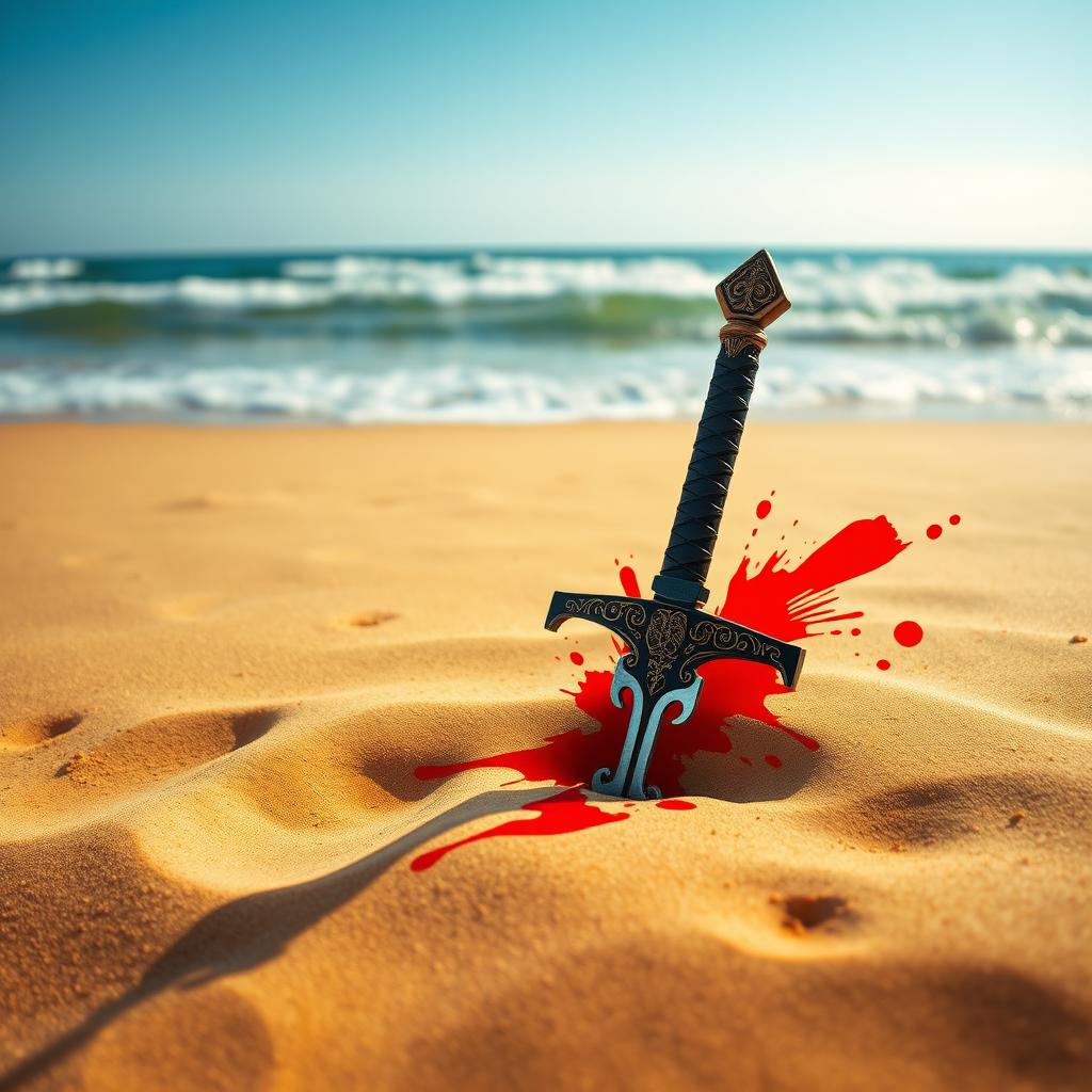 A picturesque beach scene featuring a pirate sword embedded into the golden sand