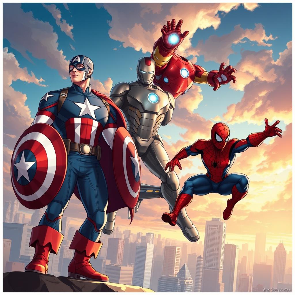 An epic illustration featuring three iconic superheroes: Captain America, Iron Man, and Spider-Man