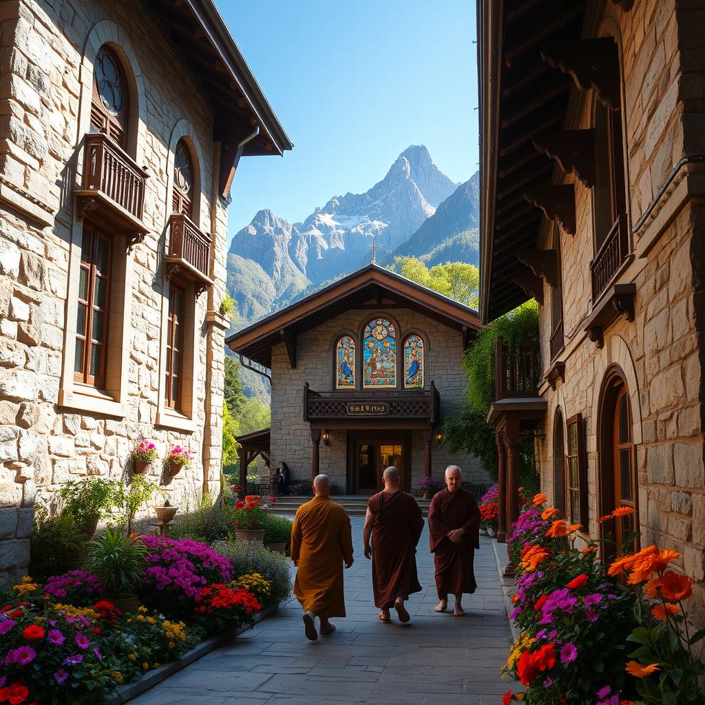 A beautifully serene monastery nestled in the mountains, surrounded by lush greenery and colorful, vibrant flowers