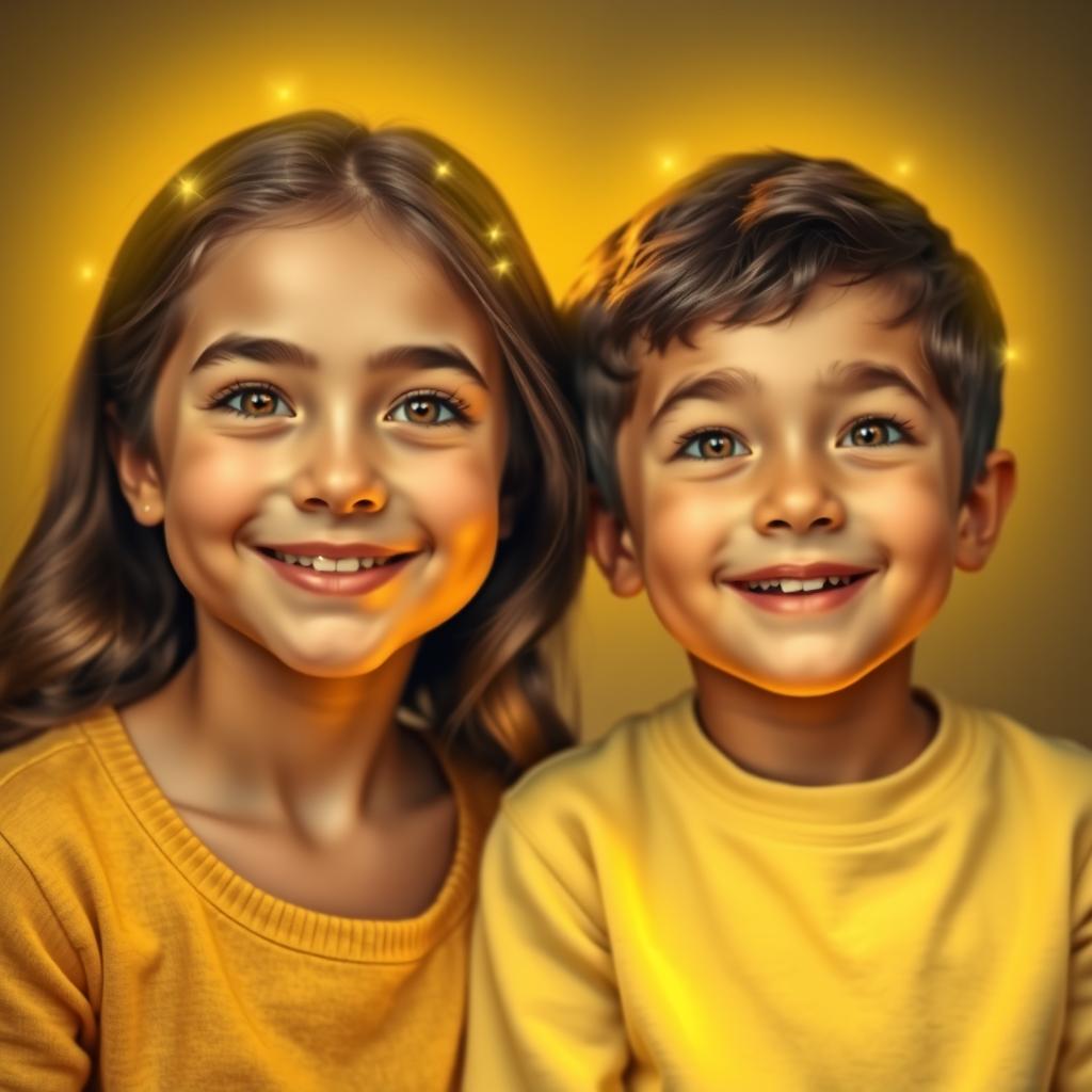 A portrait depicting both a warm, kind girl and boy, embodying a soothing glow reminiscent of the gentle light from a table lamp