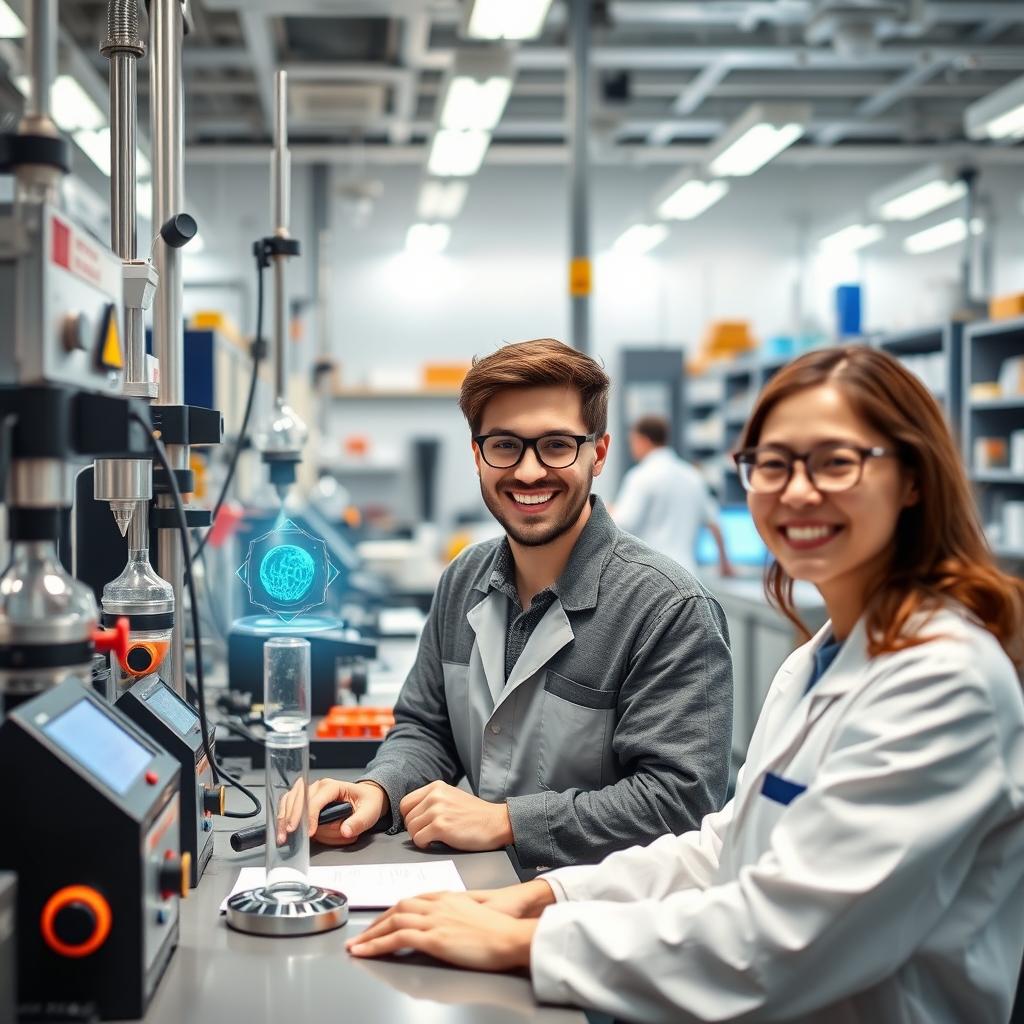 A vibrant and dynamic oil products laboratory scene showcasing various testing equipment like flash point testers, distillation apparatus, viscometers, and density meters