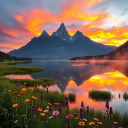 A serene landscape featuring three majestic mountains in the background, reflecting on a tranquil lake surrounded by lush greenery