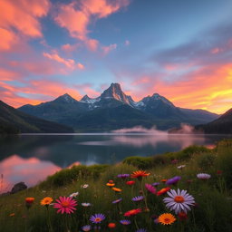 A serene landscape featuring three majestic mountains in the background, reflecting on a tranquil lake surrounded by lush greenery