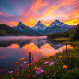 A serene landscape featuring three majestic mountains in the background, reflecting on a tranquil lake surrounded by lush greenery