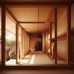 Ultra-detailed cross-section photograph of a Japandi minimalist interior in an avant-garde, editorial style.