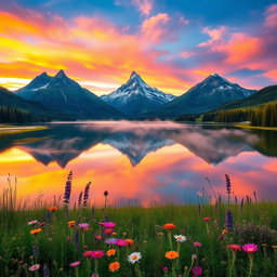 A serene landscape featuring three majestic mountains in the background, reflecting on a tranquil lake surrounded by lush greenery