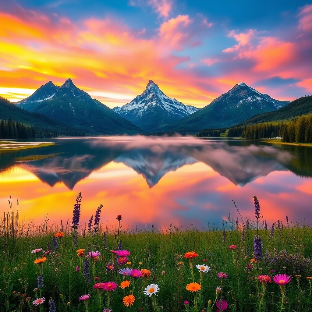A serene landscape featuring three majestic mountains in the background, reflecting on a tranquil lake surrounded by lush greenery